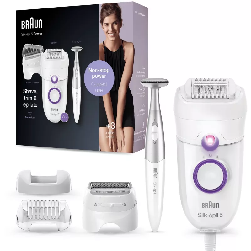 Braun Silk-épil 5 5-825 Power Epiliatorius, Baltas/Rožinis, 28 pincetai, MicroGrip, Laidinis
