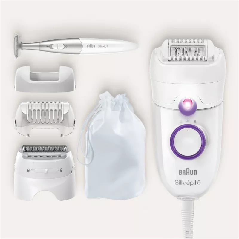 Braun Silk-épil 5 5-825 Power Epiliatorius, Baltas/Rožinis, 28 pincetai, MicroGrip, Laidinis