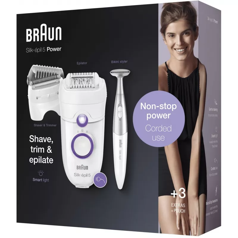 Braun Silk-épil 5 5-825 Power Epiliatorius, Baltas/Rožinis, 28 pincetai, MicroGrip, Laidinis