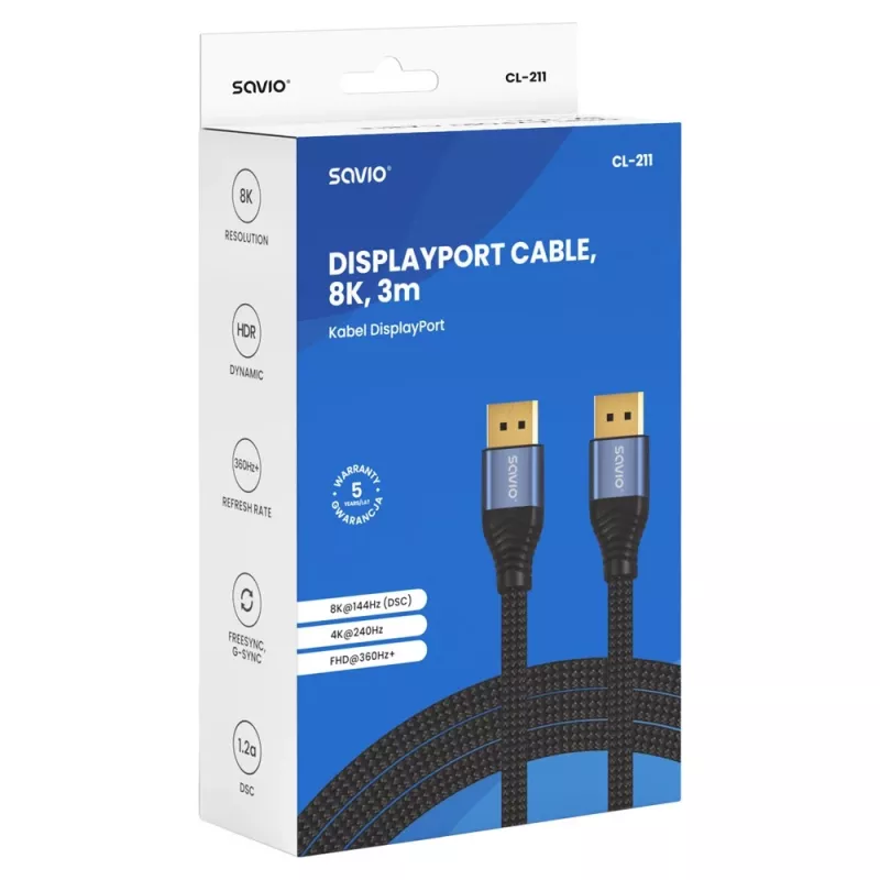 SAVIO CL-211 DisplayPort 2.1 laidas 3m juodas
