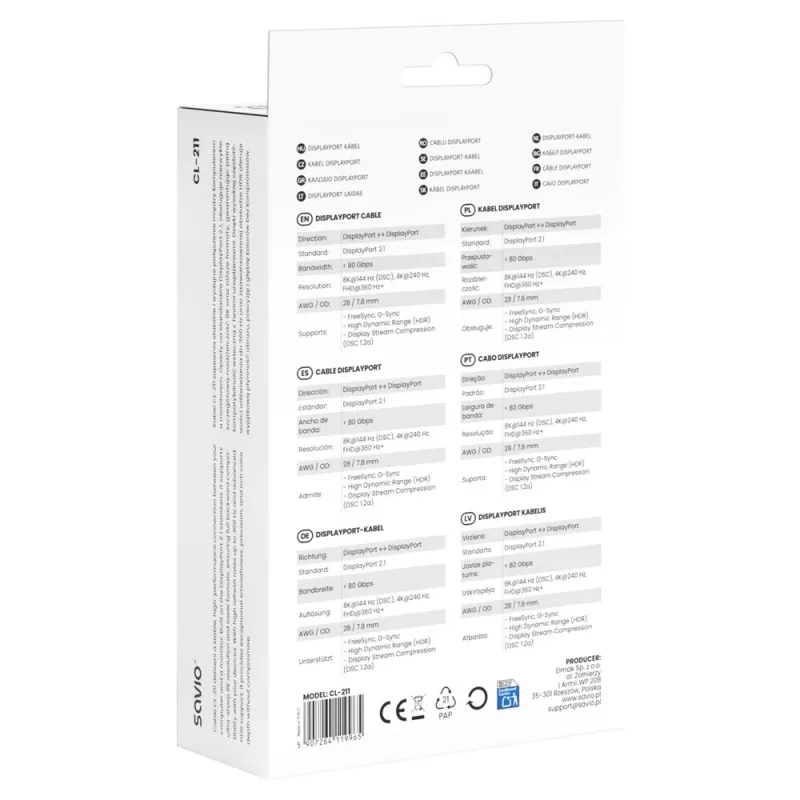 SAVIO CL-211 DisplayPort 2.1 laidas 3m juodas