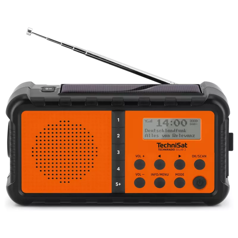 TechniSat TechniRadio Solar 2 DAB+/FM nešiojamas radijas su saulės baterija ir rankine sukimosi rankena, juoda/oranžinė