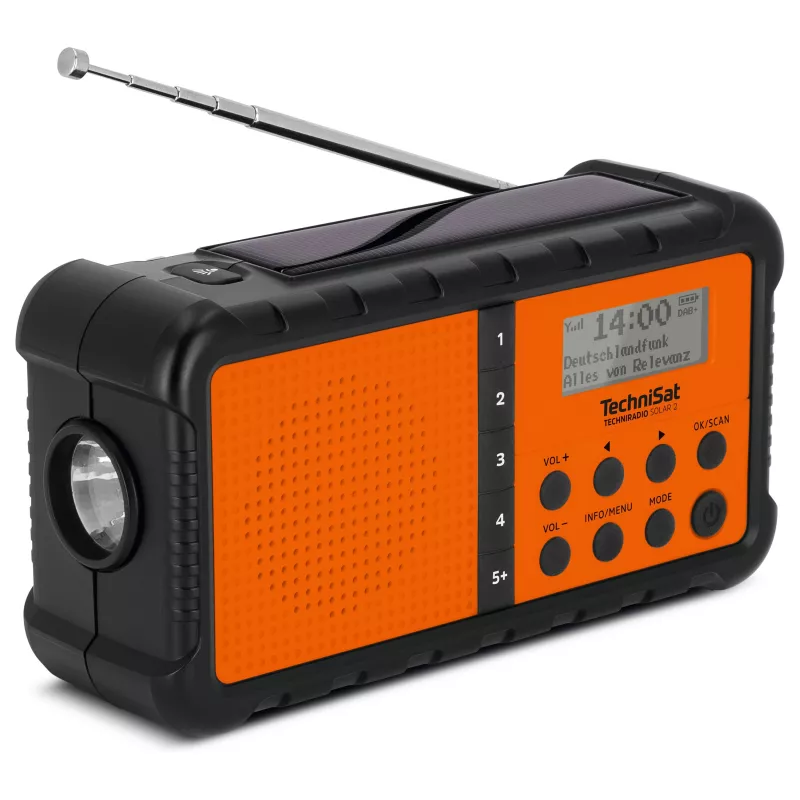 TechniSat TechniRadio Solar 2 DAB+/FM nešiojamas radijas su saulės baterija ir rankine sukimosi rankena, juoda/oranžinė