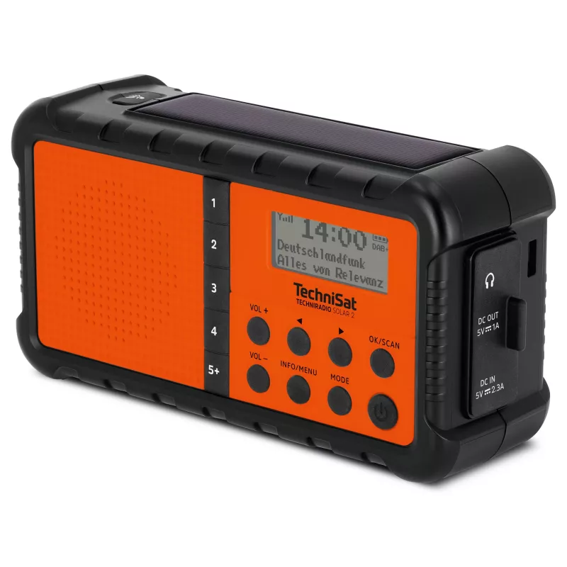 TechniSat TechniRadio Solar 2 DAB+/FM nešiojamas radijas su saulės baterija ir rankine sukimosi rankena, juoda/oranžinė