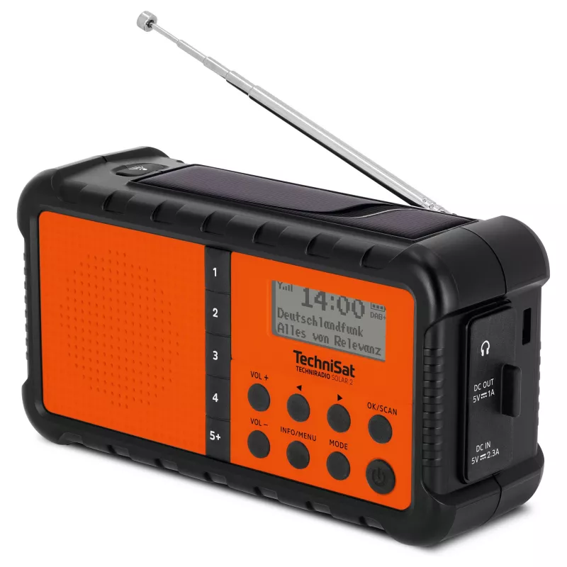 TechniSat TechniRadio Solar 2 DAB+/FM nešiojamas radijas su saulės baterija ir rankine sukimosi rankena, juoda/oranžinė