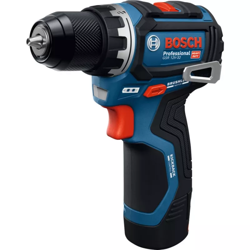 Bosch Professional GSR 12V-32 belaidis gręžtuvas-suktuvas, 12V, mėlyna/juoda, 2x 2,0 Ah ličio jonų akumuliatoriai, 24 dalių priedų rinkinys, įrankių krepšys