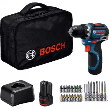 Bosch Professional GSR 12V-32 belaidis gręžtuvas-suktuvas, 12V, mėlyna/juoda, 2x 2,0 Ah ličio jonų akumuliatoriai, 24 dalių priedų rinkinys, įrankių krepšys