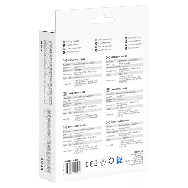 SAVIO CL-210 DisplayPort 2.1 laidas 2m juodas