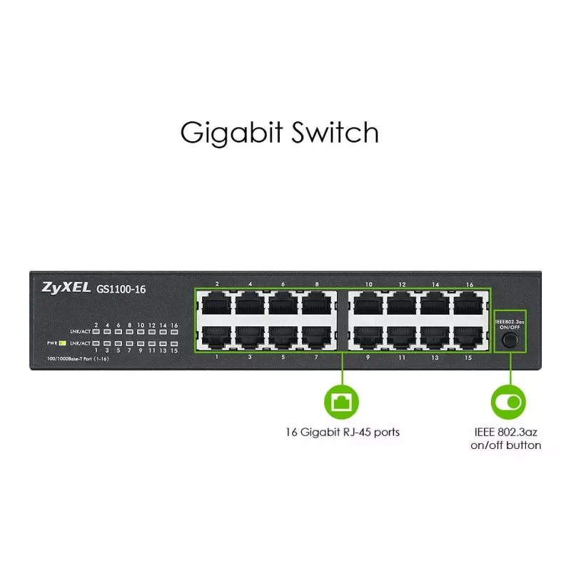 ZyXEL GS1100-16E 16 prievadų Gigabit nevaldomas metalinis jungiklis