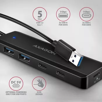 i-tec Axagon HUE-C2A USB-C Hub 4 prievadai 5 Gbps 2x USB-A + 2x USB-C su Power Delivery