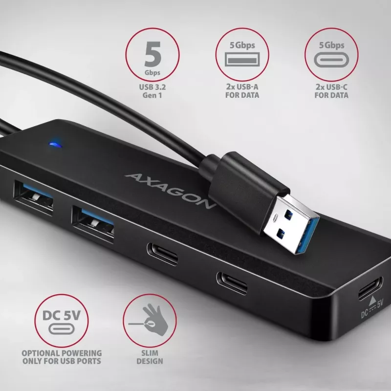 i-tec Axagon HUE-C2A USB-C Hub 4 prievadai 5 Gbps 2x USB-A + 2x USB-C su Power Delivery