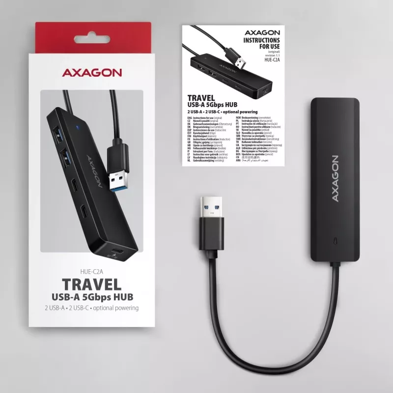 i-tec Axagon HUE-C2A USB-C Hub 4 prievadai 5 Gbps 2x USB-A + 2x USB-C su Power Delivery
