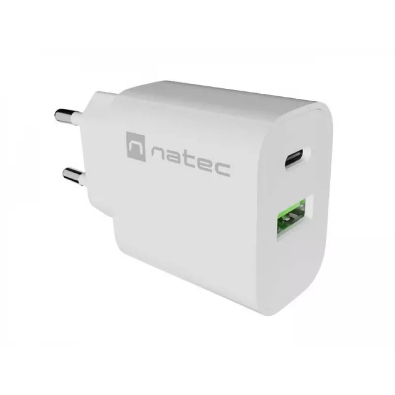 NATEC Ribera Sieninis Įkroviklis 1x USB-A + 1x USB-C 20W Baltas