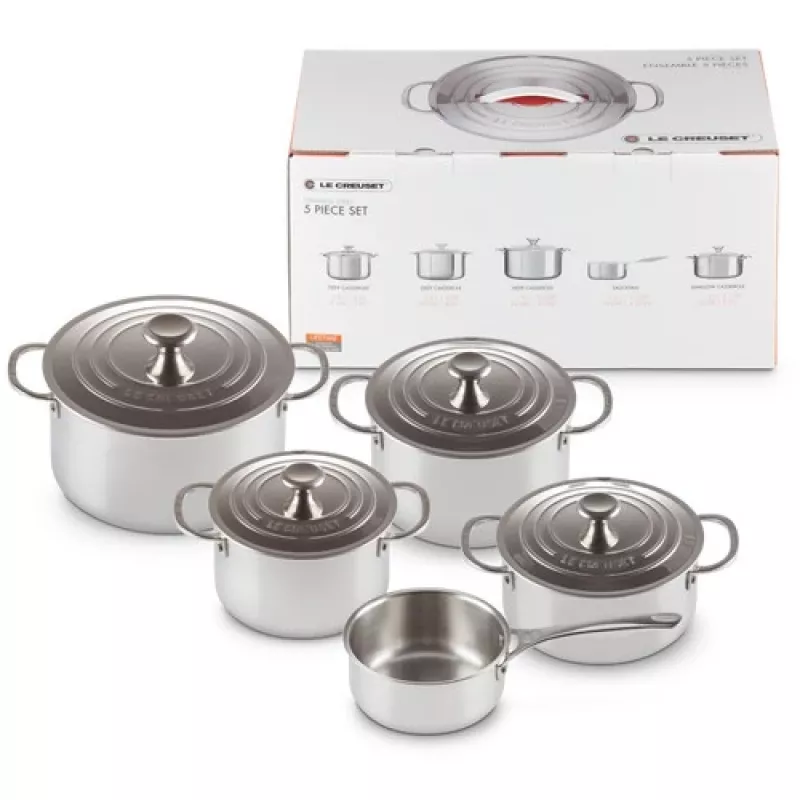 Le Creuset 5 dalių puodų rinkinys - 3 sluoksnių nerūdijančio plieno virtuvės indų rinkinys