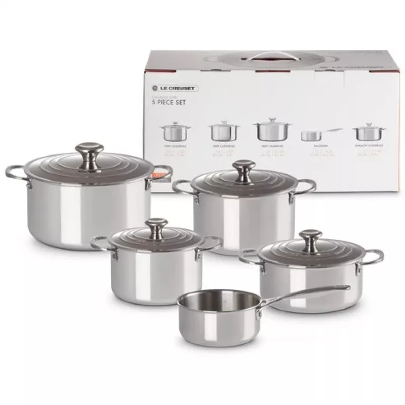 Le Creuset 5 dalių puodų rinkinys - 3 sluoksnių nerūdijančio plieno virtuvės indų rinkinys