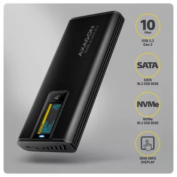 AXAGON EEM2-SD2B Išorinis korpusas 10Gbps M.2 NVMe/SATA SSD su LED ekranu, USB-C, juodas