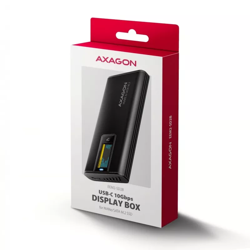 AXAGON EEM2-SD2B Išorinis korpusas 10Gbps M.2 NVMe/SATA SSD su LED ekranu, USB-C, juodas