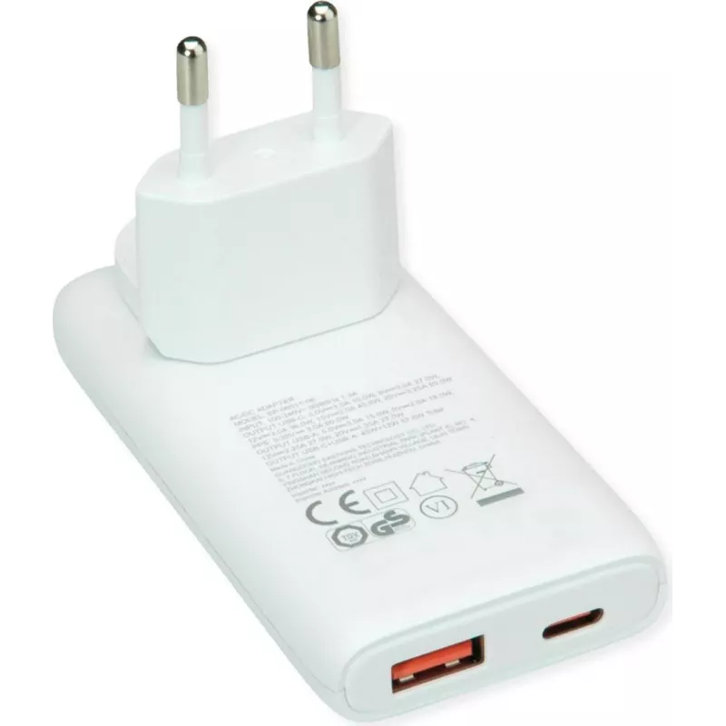 VALUE USB sieninis įkroviklis, EU/JAV kištukas, 2x USB (A+C), 65W