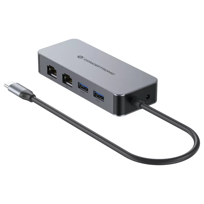 CONCEPTRONIC USB-C į 2x Gigabit Ethernet + 2x USB-A 3.2 Gen 1 adapteris, 0,3 m, pilka