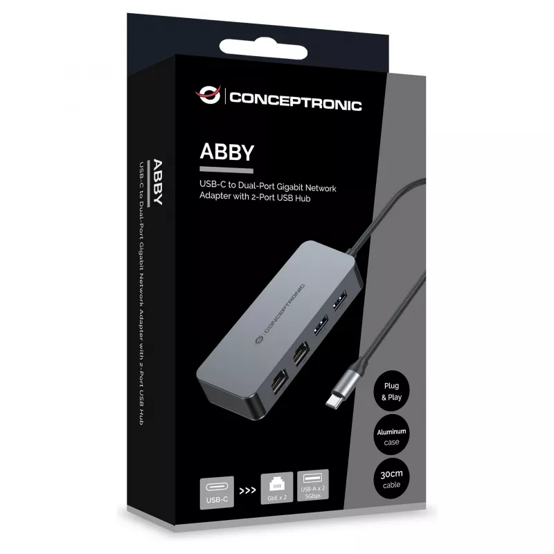CONCEPTRONIC USB-C į 2x Gigabit Ethernet + 2x USB-A 3.2 Gen 1 adapteris, 0,3 m, pilka