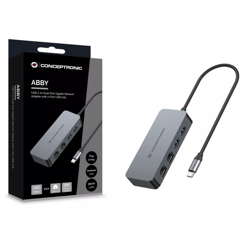 CONCEPTRONIC USB-C į 2x Gigabit Ethernet + 2x USB-A 3.2 Gen 1 adapteris, 0,3 m, pilka
