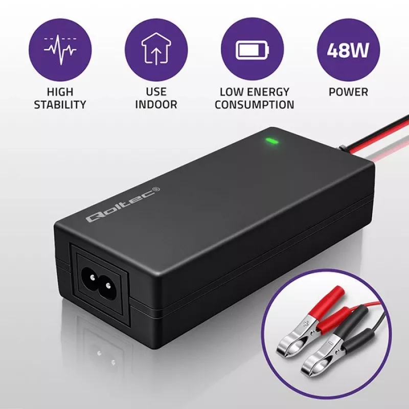 Qoltec 52665 Automatinis akumuliatoriaus įkroviklis AGM GEL STD akumuliatoriams, 24V 2A 48W, LED indikatorius, 1,8 m laidas