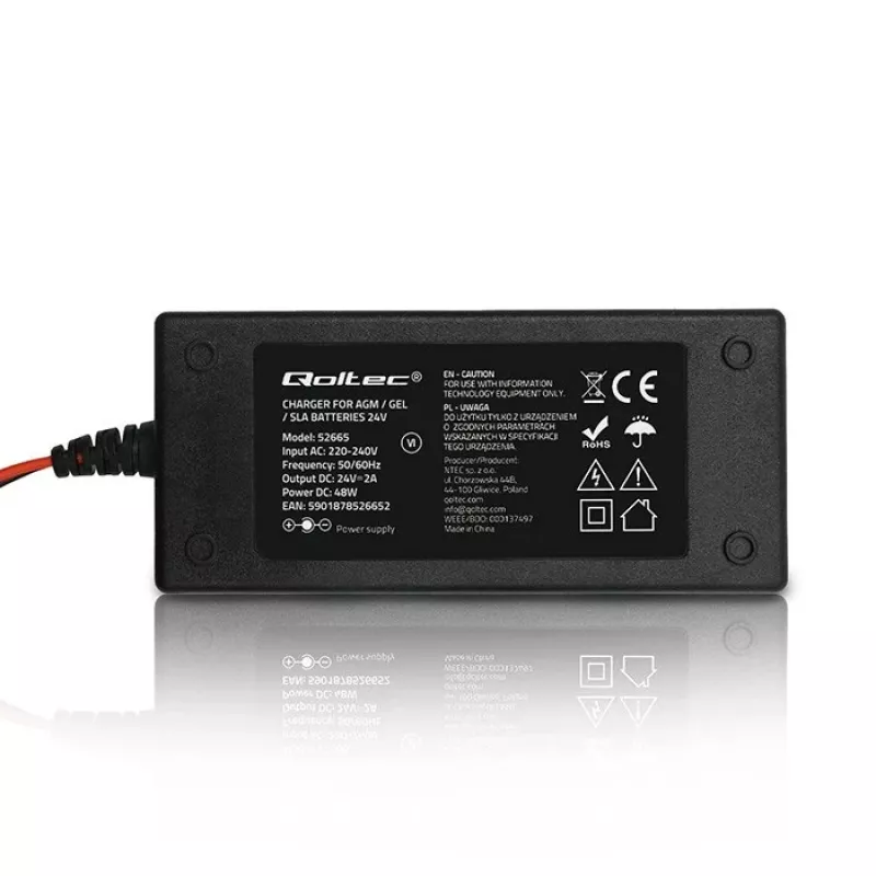 Qoltec 52665 Automatinis akumuliatoriaus įkroviklis AGM GEL STD akumuliatoriams, 24V 2A 48W, LED indikatorius, 1,8 m laidas