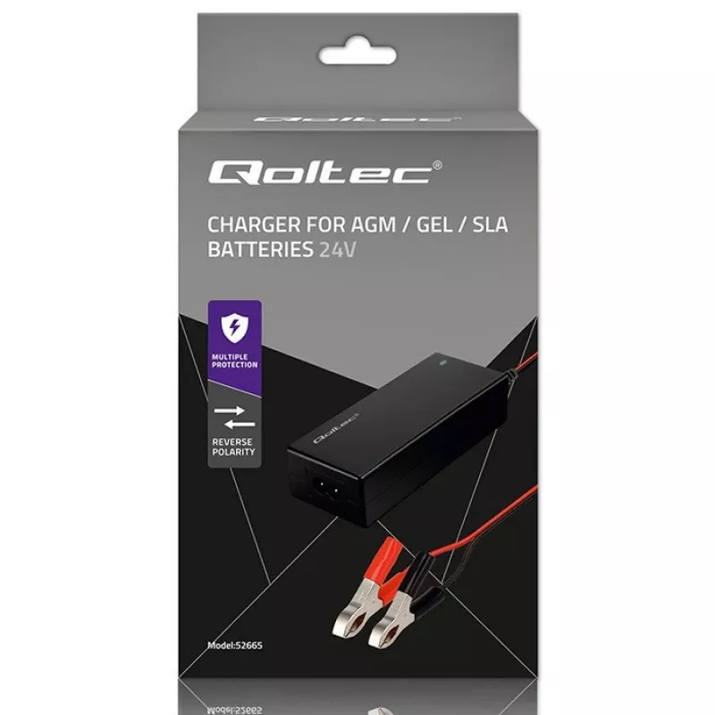 Qoltec 52665 Automatinis akumuliatoriaus įkroviklis AGM GEL STD akumuliatoriams, 24V 2A 48W, LED indikatorius, 1,8 m laidas