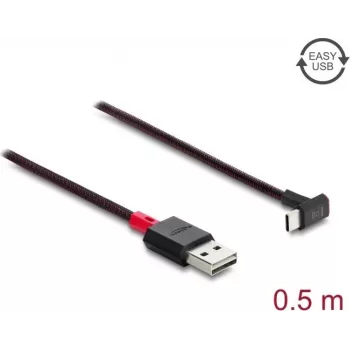 Delock EASY-USB 2.0 laidas USB Type-A kištukas į USB Type-C kištuką, lenktas aukštyn/žemyn, 0,5 m, juodas