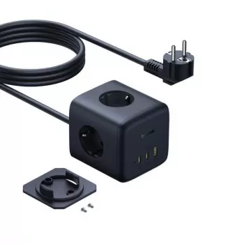 Baseus EnerFill FA11 67W Maitinimo lizdų kubas su 3 EU kištukiniais lizdais, 2 USB-C ir 1 USB-A, 1,5 m kabeliu, juodas