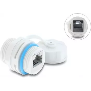 Delock RJ45 Coupler Cat.6A Female to Female su M23.5 x 1.5 mm sriegiu ir apsauginiu dangteliu IP68 atsparus dulkėms ir vandeniui baltas (87156)