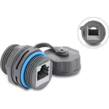 Delock RJ45 Female to RJ45 Female Cable Connector Cat.6A su M23.5 x 1.5 mm sriegiu ir apsauginiu dangteliu IP68 atsparus dulkėms ir vandeniui pilkas (87157)