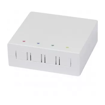 Synergy21 FTTH sieninė dėžutė 4 SC-Simplex arba LC-Duplex movoms, 80x80mm su kabelių vedimu, DIN-bėgelio/sieninis montavimas, termosusitraukiančios movos, balta