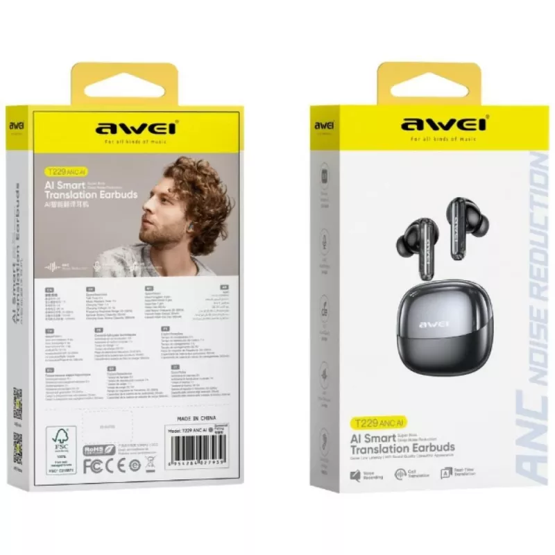AWEI T229 ANC AI True Wireless ausinės su realaus laiko vertimu, aktyviu triukšmo slopinimu, Bluetooth 5.0, IPX4, iki 20h baterijos veikimo trukmės, juodos