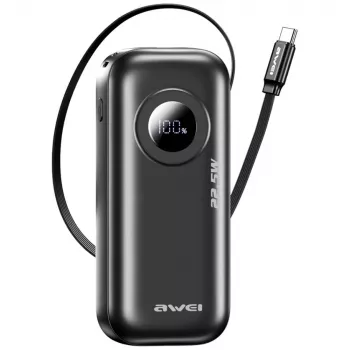 AWEI PowerBank PA-9 10000mAh 22.5W su įtraukiamu kabeliu, juoda