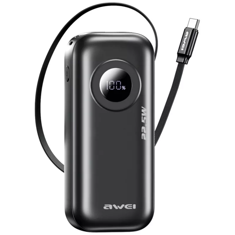 AWEI PowerBank PA-9 10000mAh 22.5W su įtraukiamu kabeliu, juoda