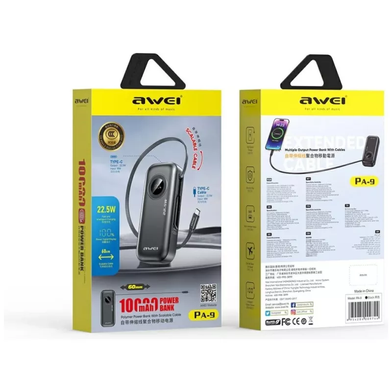 AWEI PowerBank PA-9 10000mAh 22.5W su įtraukiamu kabeliu, juoda