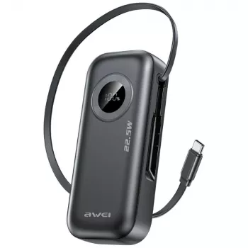AWEI PowerBank PA-9 10000mAh 22.5W su įtraukiamu kabeliu, juoda