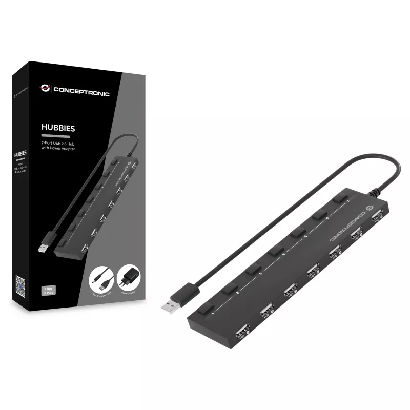Conceptronic 7 prievadų USB 2.0 šakotuvas su maitinimo adapteriu - juodas (HUBBIES08BP)