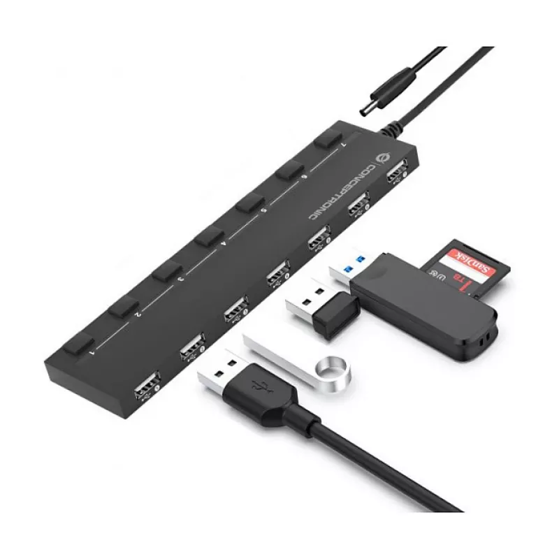 Conceptronic 7 prievadų USB 2.0 šakotuvas su maitinimo adapteriu - juodas (HUBBIES08BP)