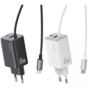 USAMS JC Series CC266 65W GaN Greitasis Įkroviklis 2xUSB-C 1xUSB-A su Integruotu USB-C Kabeliu 1,5m Baltas