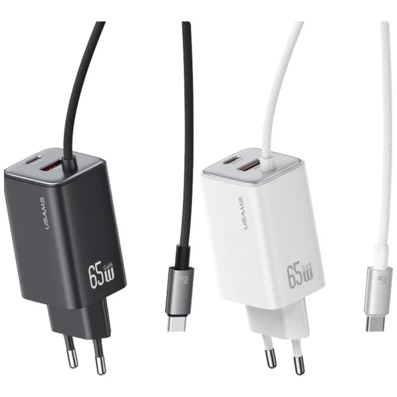 USAMS JC Series CC266 65W GaN Greitasis Įkroviklis 2xUSB-C 1xUSB-A su Integruotu USB-C Kabeliu 1,5m Baltas