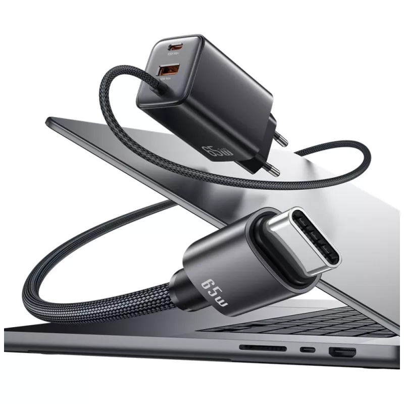 USAMS JC Series CC266 65W GaN Greitasis Įkroviklis 2xUSB-C 1xUSB-A su Integruotu USB-C Kabeliu 1,5m Baltas