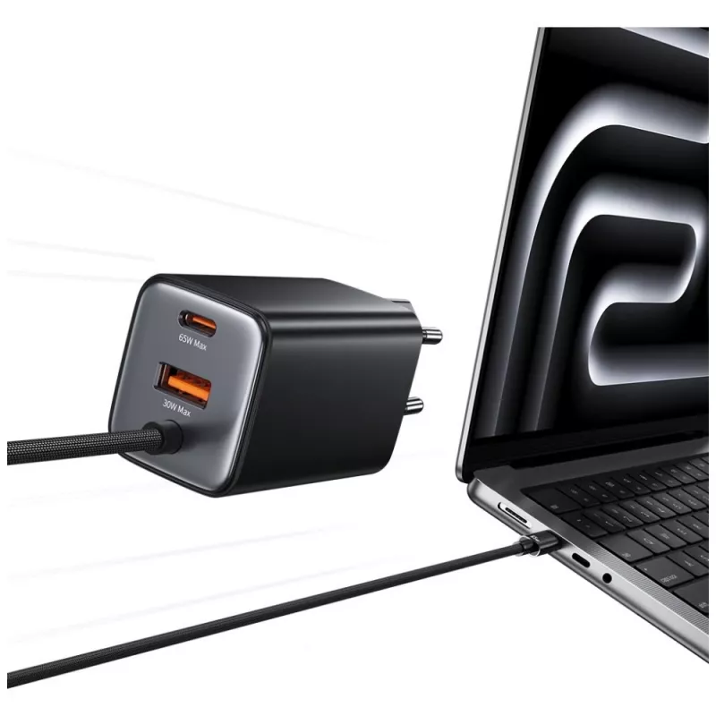 USAMS JC Series CC266 65W GaN Greitasis Įkroviklis 2xUSB-C 1xUSB-A su Integruotu USB-C Kabeliu 1,5m Baltas
