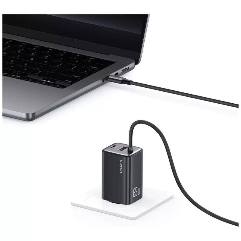 USAMS JC Series CC266 65W GaN Greitasis Įkroviklis 2xUSB-C 1xUSB-A su Integruotu USB-C Kabeliu 1,5m Baltas