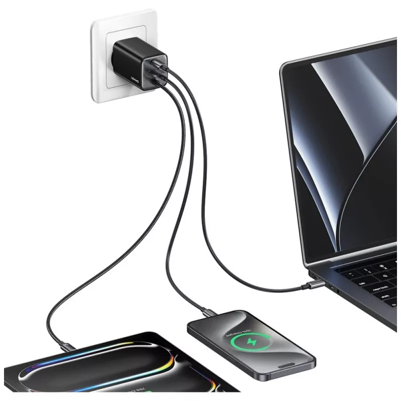 USAMS JC Series CC266 65W GaN Greitasis Įkroviklis 2xUSB-C 1xUSB-A su Integruotu USB-C Kabeliu 1,5m Baltas