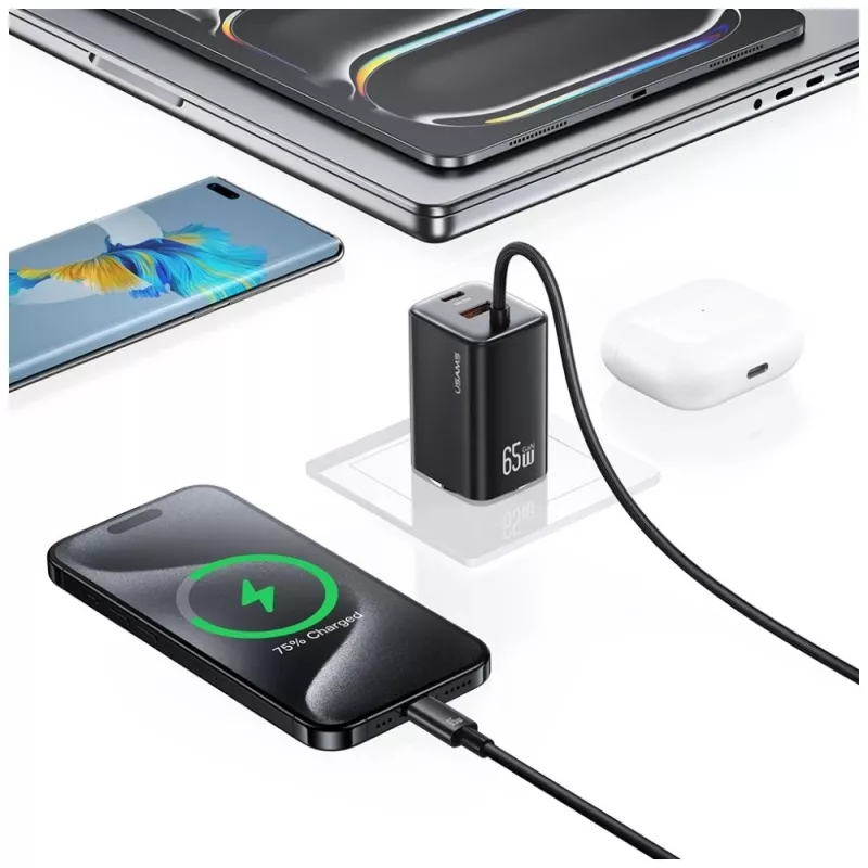 USAMS JC Series CC266 65W GaN Greitasis Įkroviklis 2xUSB-C 1xUSB-A su Integruotu USB-C Kabeliu 1,5m Baltas