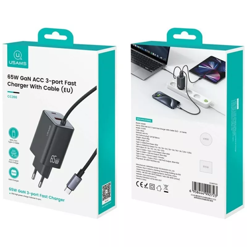 USAMS JC Series CC266 65W GaN Greitasis Įkroviklis 2xUSB-C 1xUSB-A su Integruotu USB-C Kabeliu 1,5m Baltas