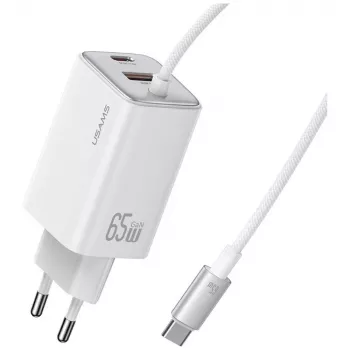 USAMS JC Series CC266 65W GaN Greitasis Įkroviklis 2xUSB-C 1xUSB-A su Integruotu USB-C Kabeliu 1,5m Baltas