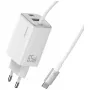 USAMS JC Series CC266 65W GaN Greitasis Įkroviklis 2xUSB-C 1xUSB-A su Integruotu USB-C Kabeliu 1,5m Baltas